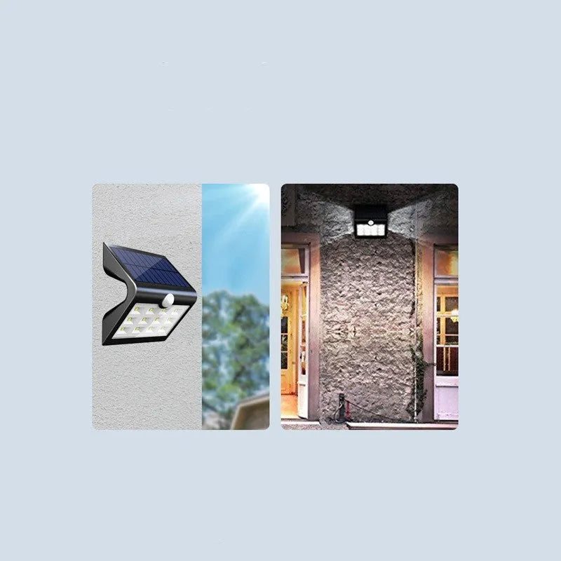 A compact, rectangular solar-powered yard light for outdoor garden or wall mounting.