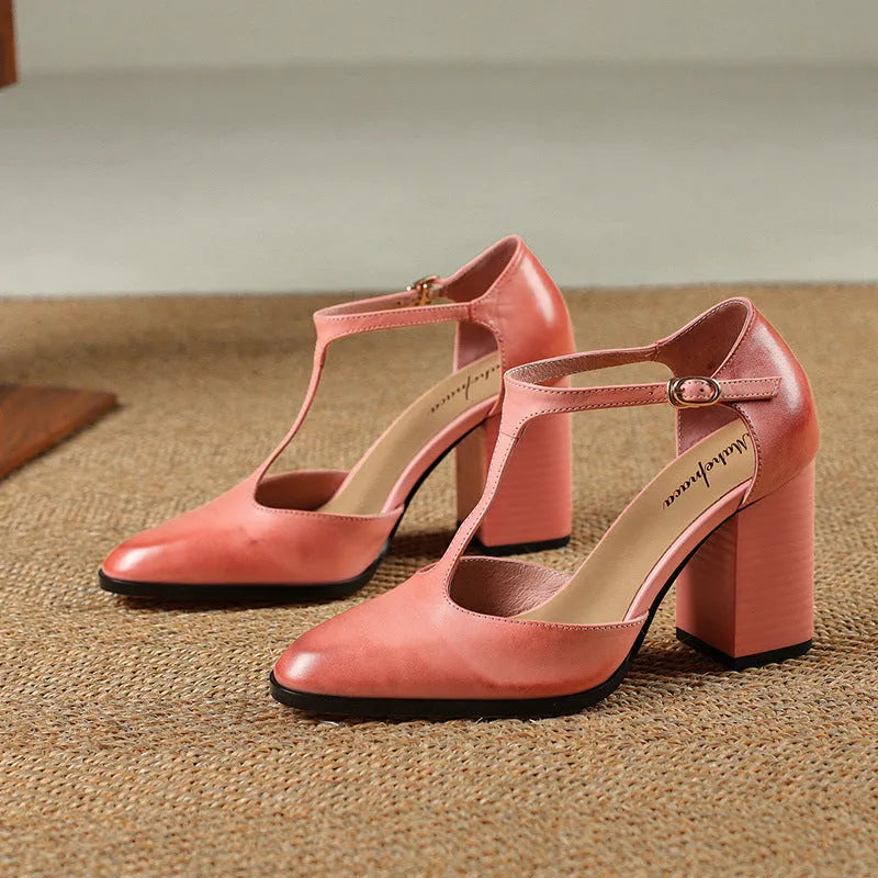 Women's dark brown retro pointed toe Mary Jane shoes with a buckle fastening on a cowhide leather upper.