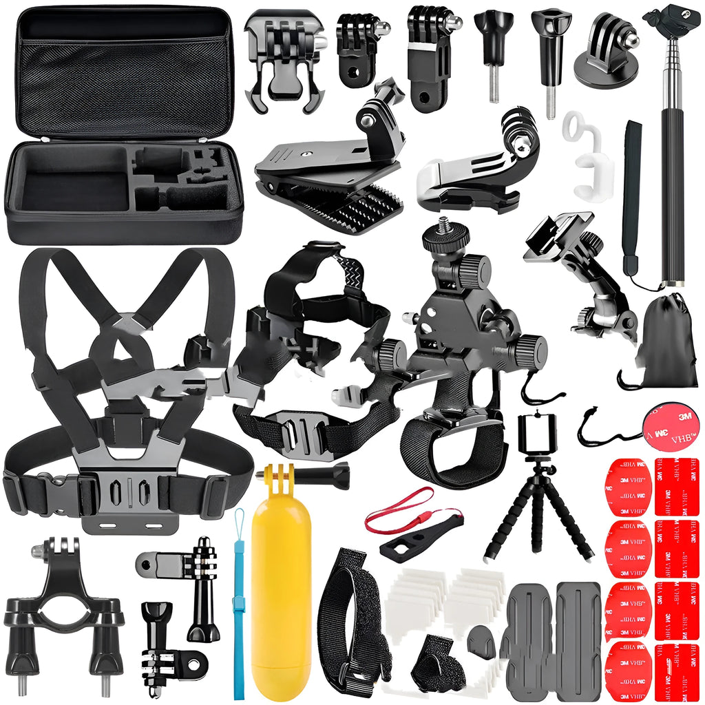 Black GoPro accessories set showing chest strap, helmet mount and tripod compatible with Hero cameras