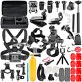 Black GoPro accessories set showing chest strap, helmet mount and tripod compatible with Hero cameras
