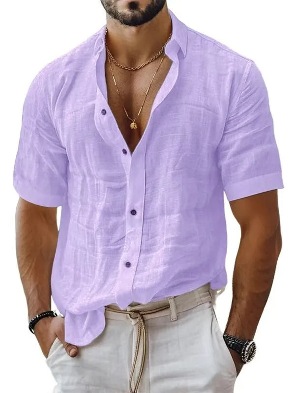 Men's short sleeve lapel shirt in cotton-linen blend with cardigan style open front