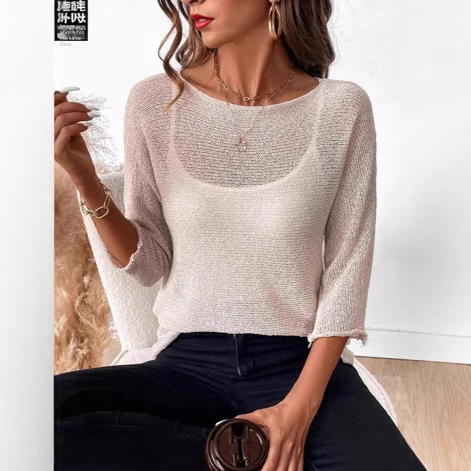Knitted women's off-shoulder top with 3D pattern in thin polyester fabric for spring summer wear