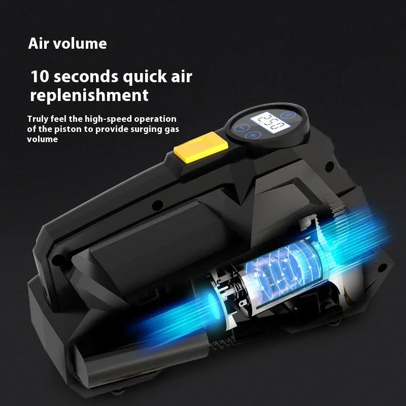 Black portable digital tyre inflator with LED light and 12V power cable.