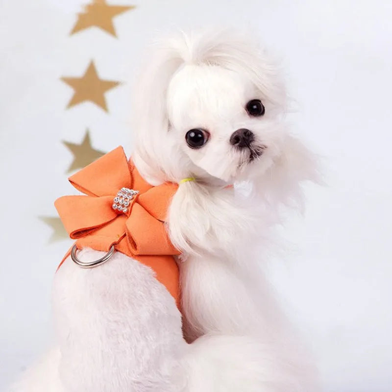 Pink adjustable dog chest strap with a cute bowknot detail, shown on a small puppy.