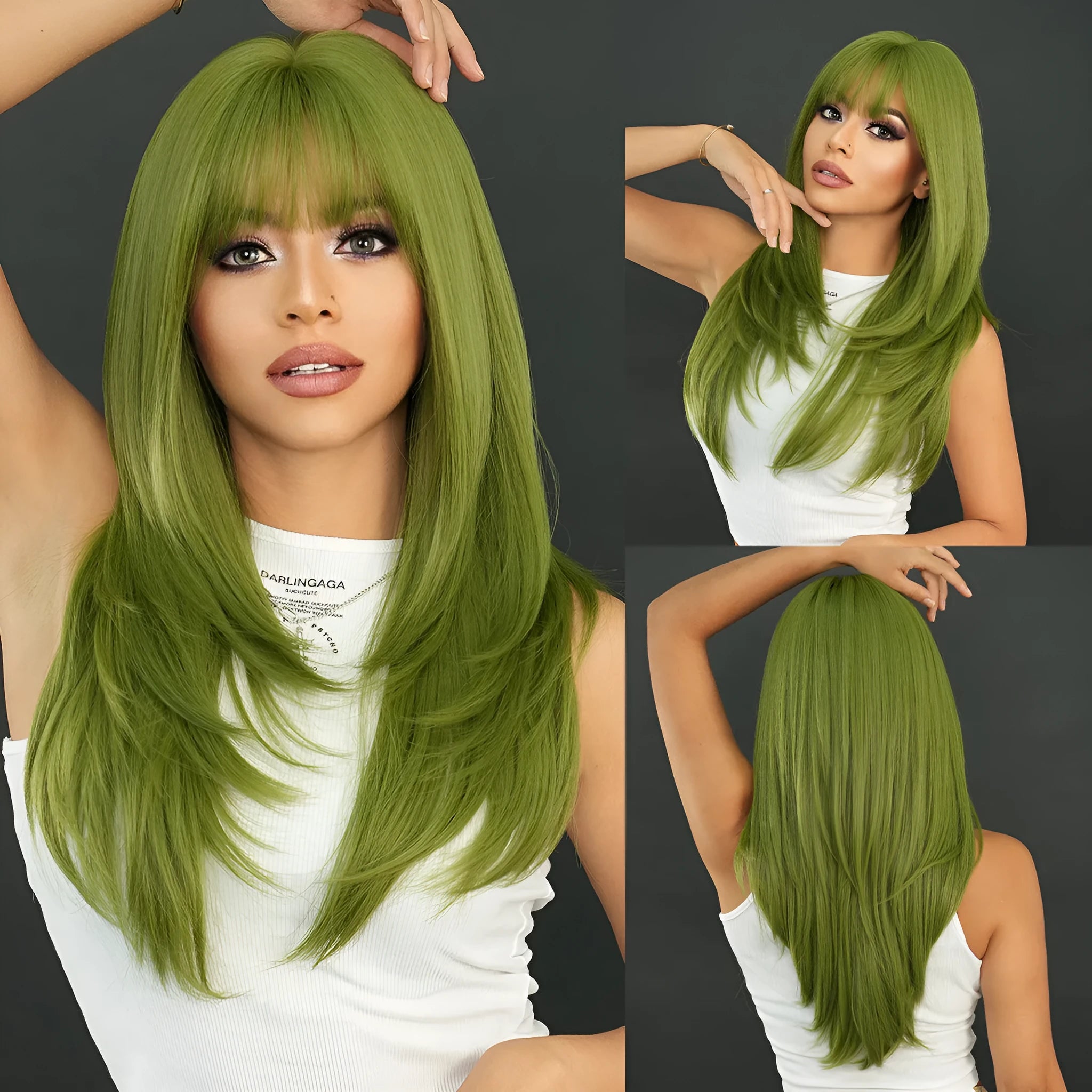 A woman wearing a long, straight vanilla green wig with a full fringe, measuring 63cm in length.