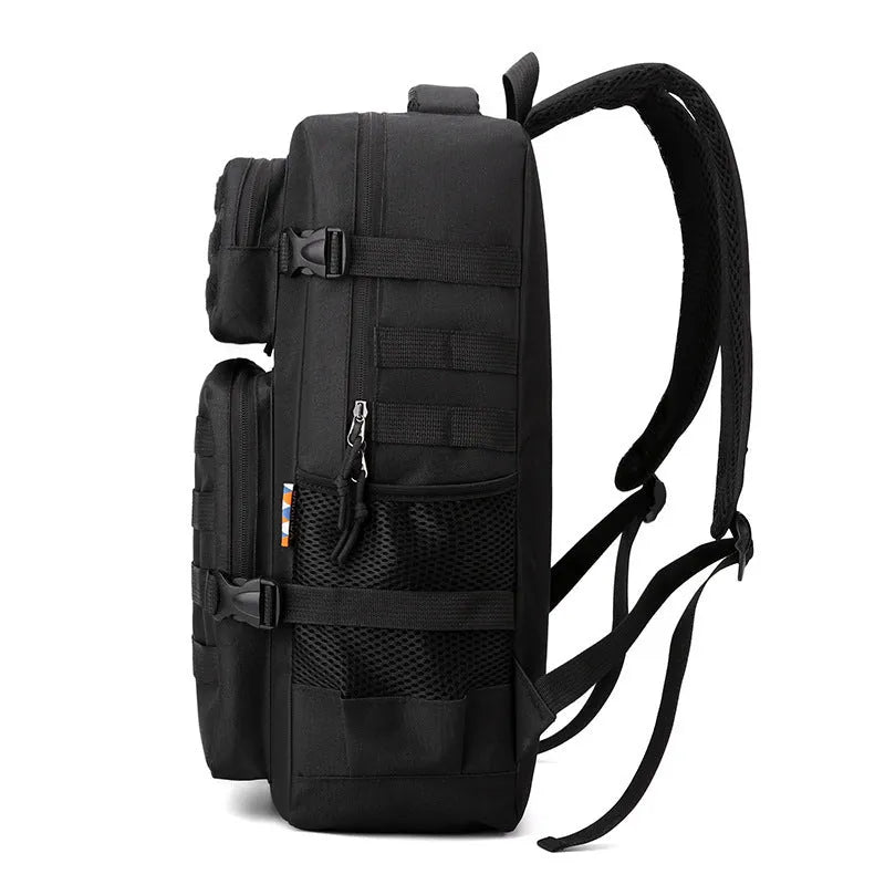 Outdoor mountaineering backpack in camouflage colour with curved shoulder straps and multiple compartments