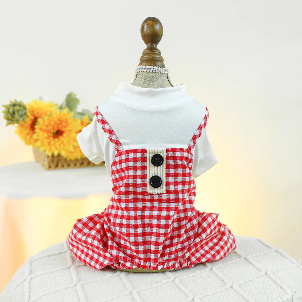 Fashion pet dog plaid overalls in black and white suspender style on a dog, polyester material