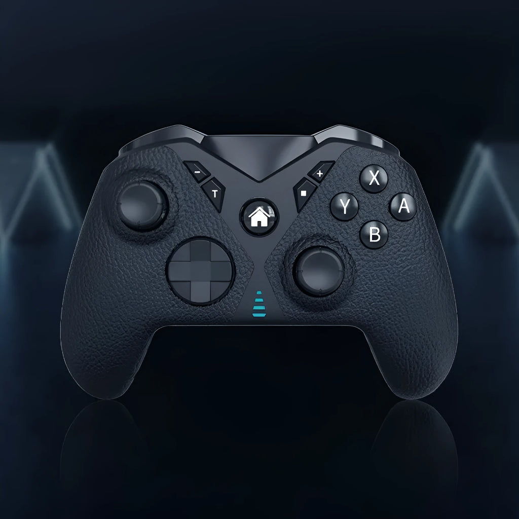 Black wireless game controller with leather pattern texture for Nintendo, PC, and smartphone.