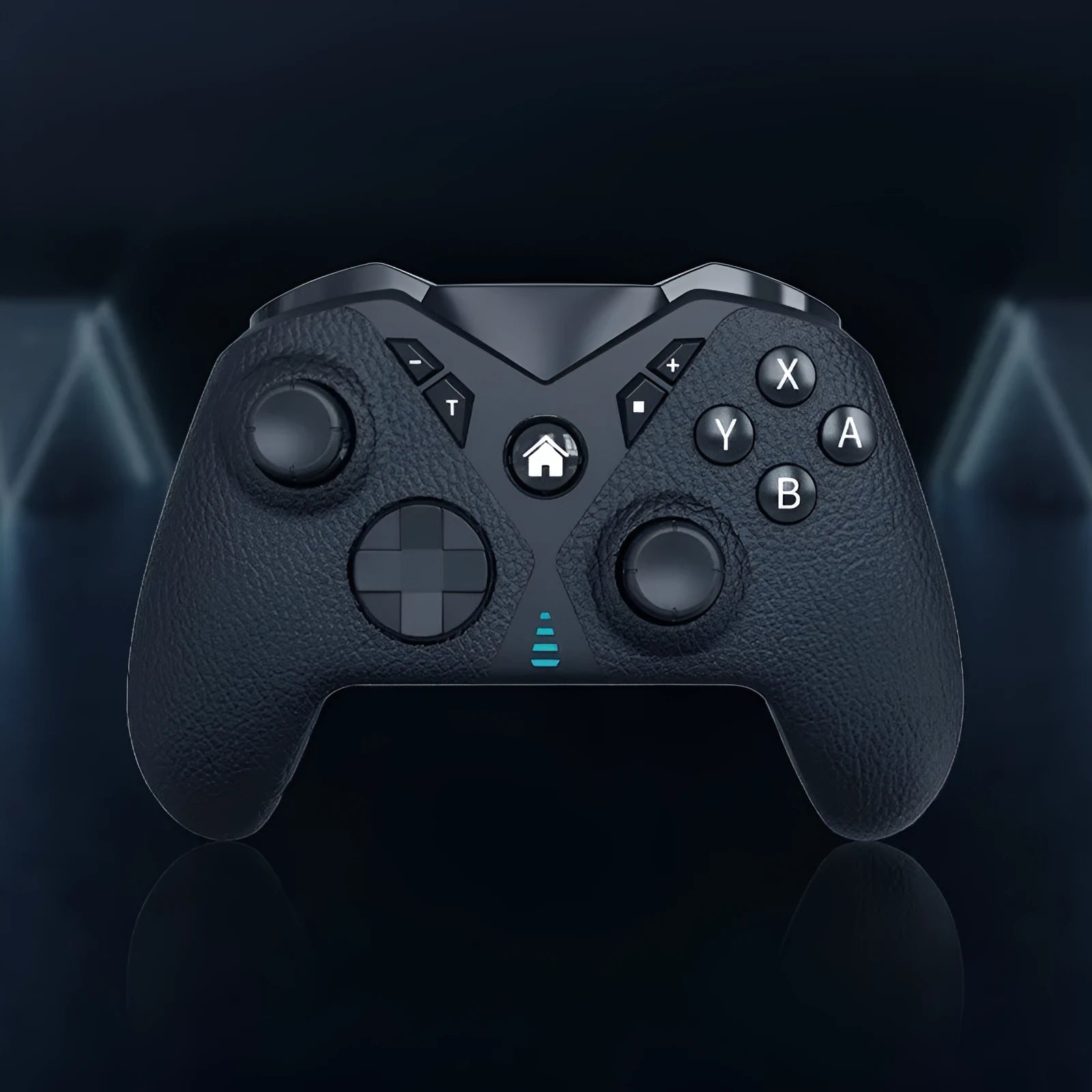 Black wireless game controller with leather pattern texture for Nintendo, PC, and smartphone.