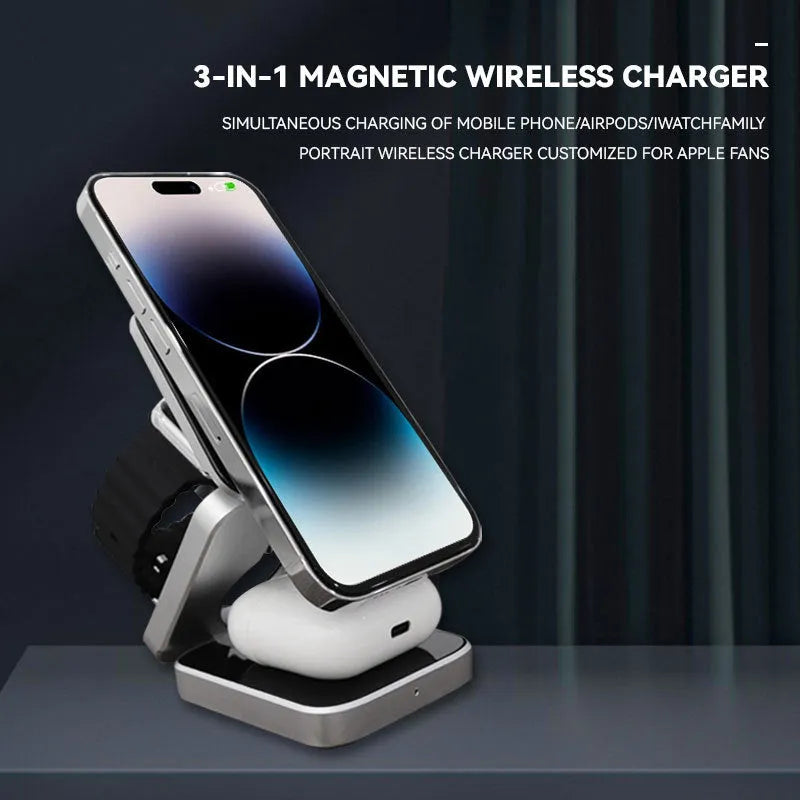 Folding three-in-one desktop wireless charging bracket with magnetic ring on a desk.