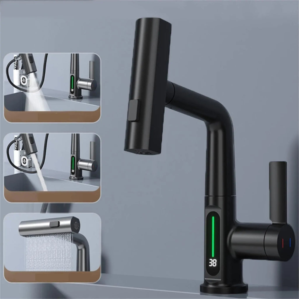 Digital display pull-out faucet showing water temperature with extendable hose