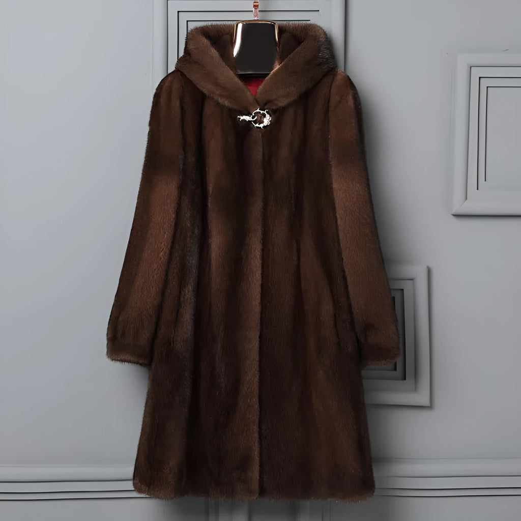 Women's black faux fur hooded coat with regular sleeves on a hanger