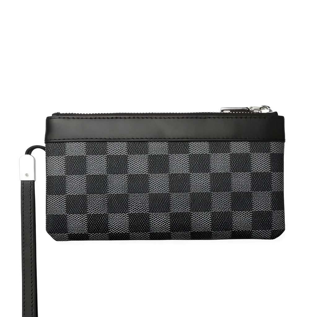 Black men's leather plaid clutch wallet showing first layer cowhide construction with 20x10cm dimensions