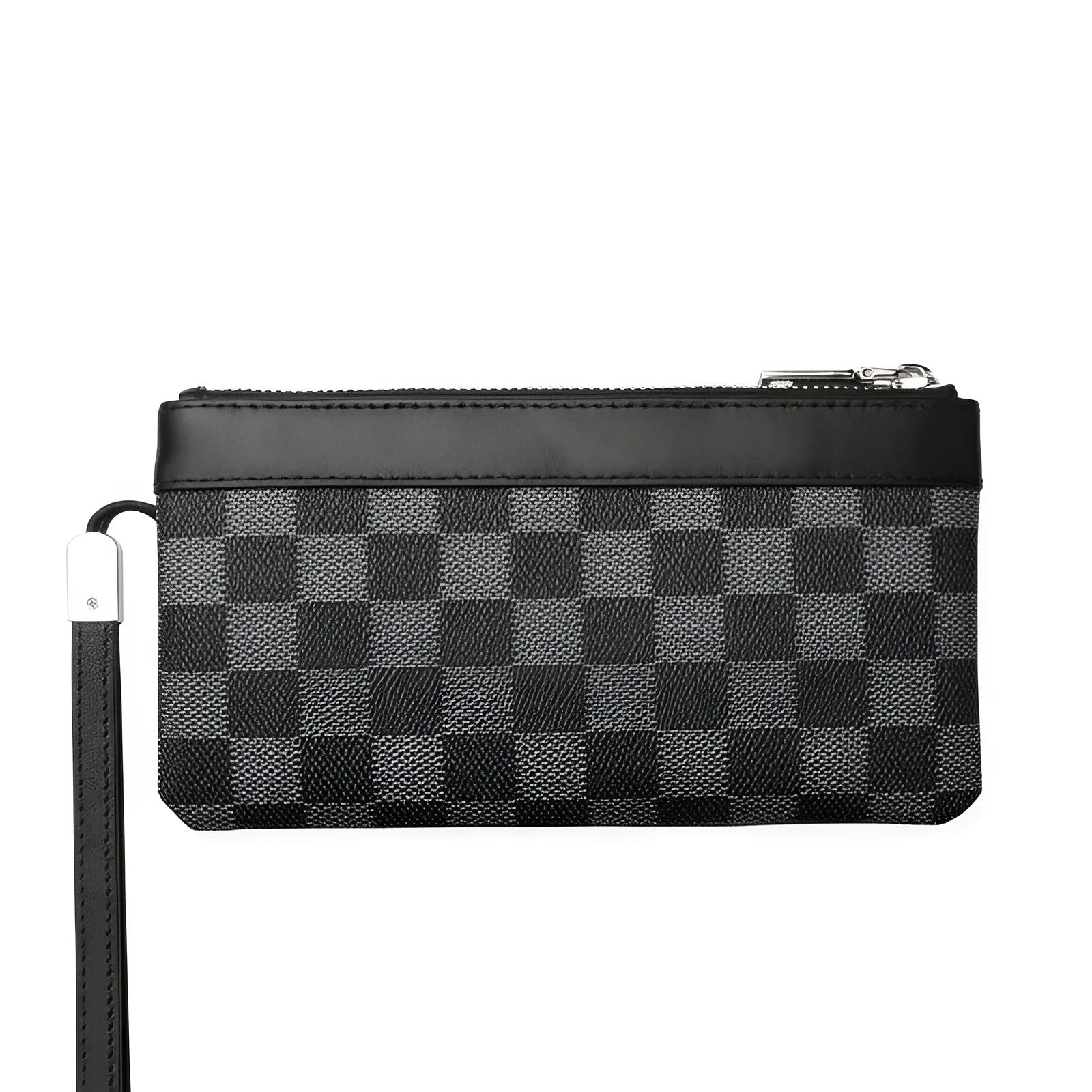 Black men's leather plaid clutch wallet showing first layer cowhide construction with 20x10cm dimensions