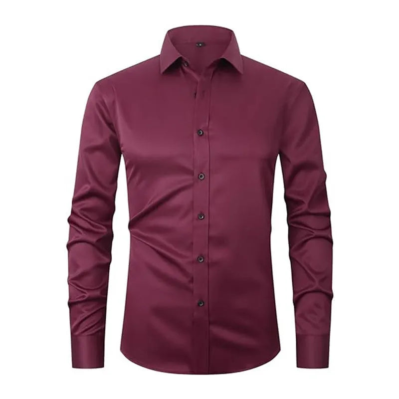 Men's solid colour stretch long sleeve work shirt made from polyester fabric on a hanger.