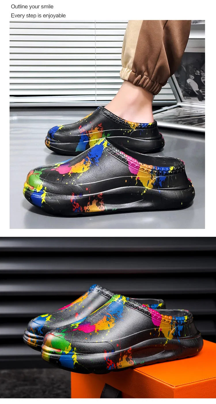 Men's black waterproof EVA work slippers with a slip-on toe cap design on a grey background.