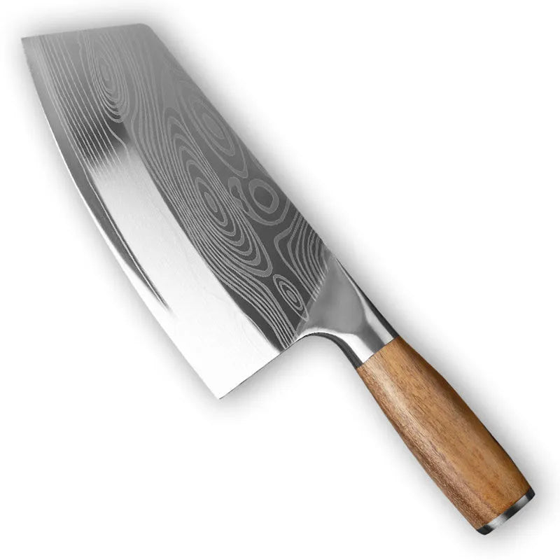 A stainless steel kitchen knife with a 320mm blade on a kitchen counter.