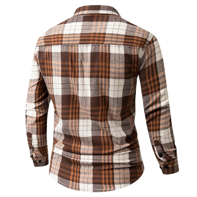 Men's loose-fit long-sleeved polyester plaid shirt in brown grid, Korean-style spring cardigan