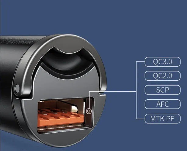 Baseus electro-optical grey mini car charger with single USB port and 1 metre cable.