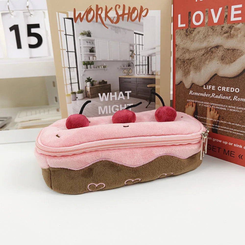 Cherry Cake patterned velvet pencil bag in Korean style.