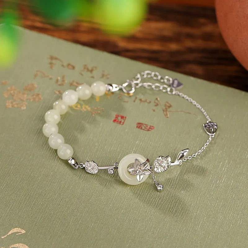 Hetian jade lotus peace buckle silver bracelet for women with retro antique style