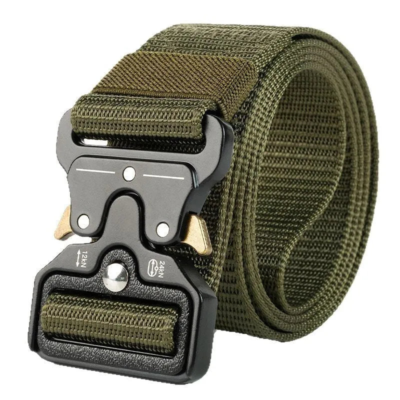Men's canvas tactical belt with alloy buckle in multiple colour options showing 120cm length