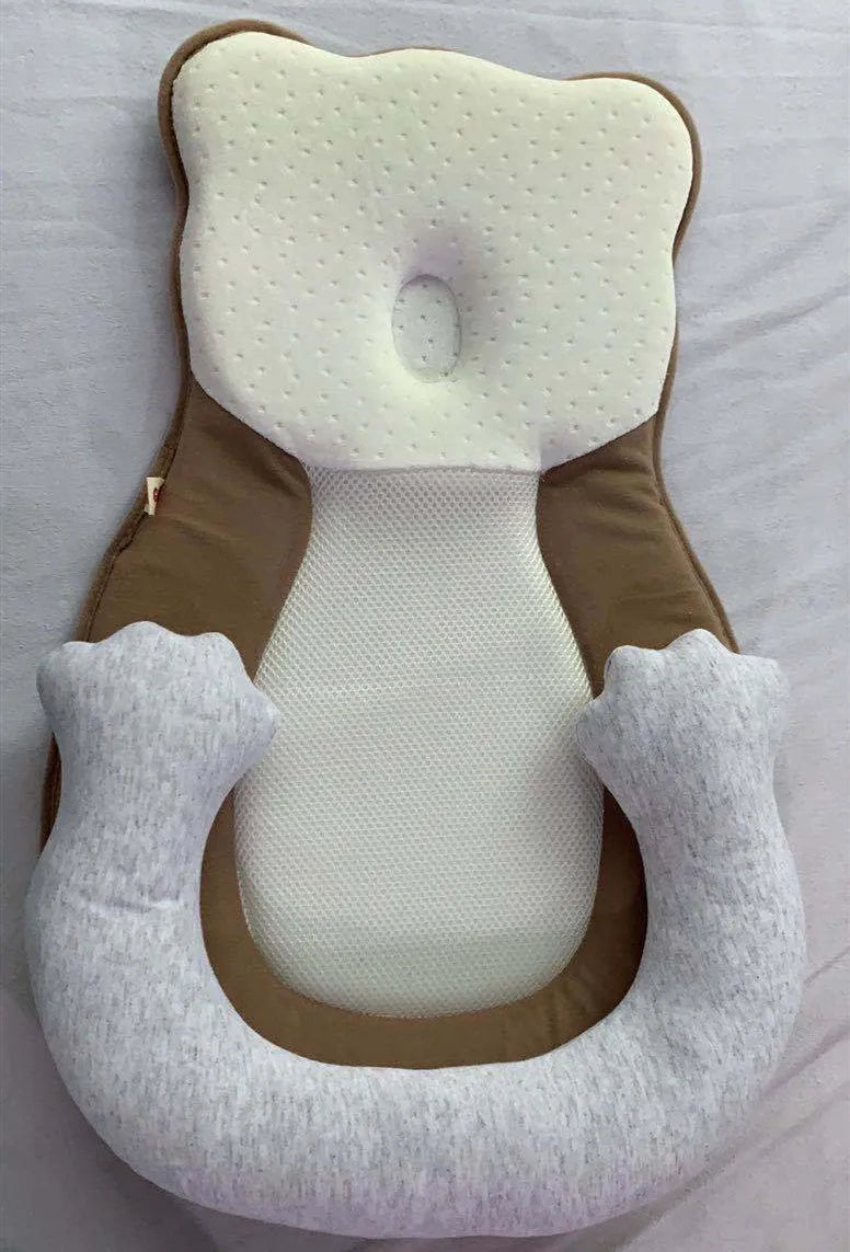 Portable baby flat sleep pillow with soft cotton surface in multiple colour options on a neutral background.