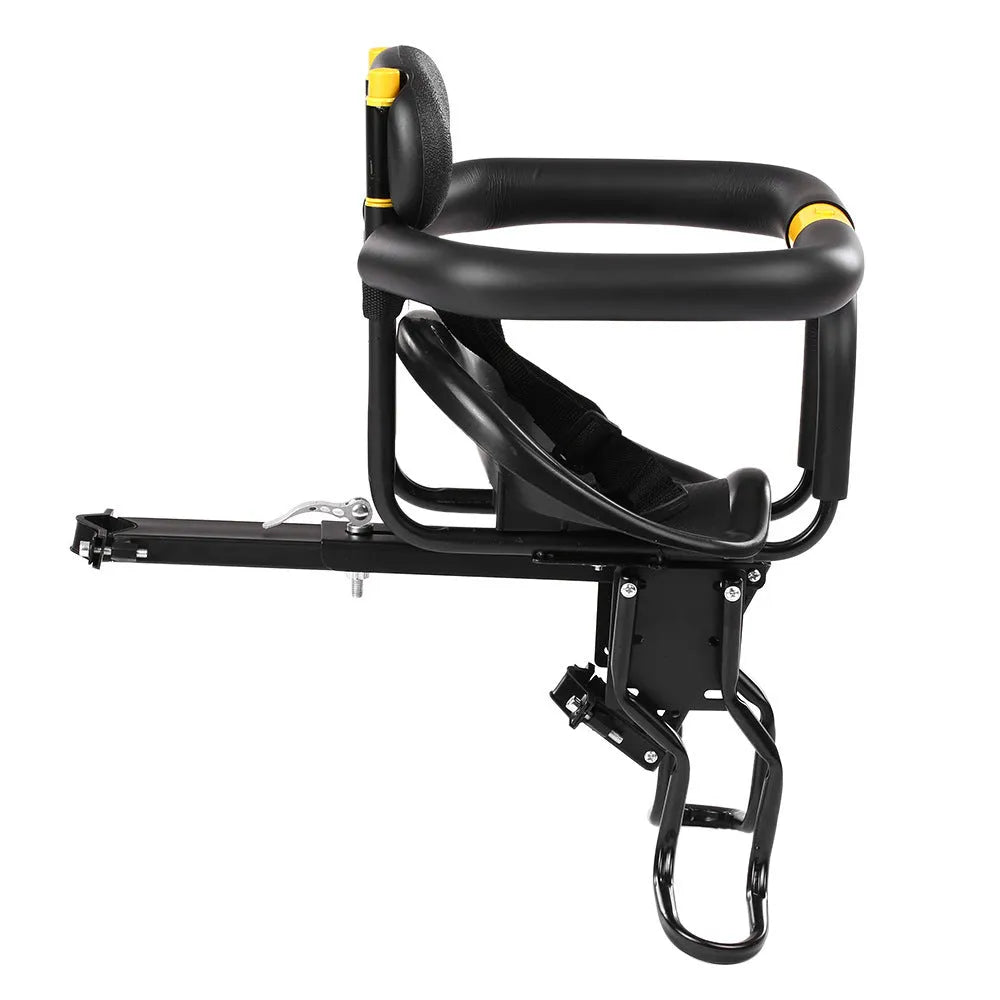 Front mounted steel bicycle child seat on mountain bike, black colour option