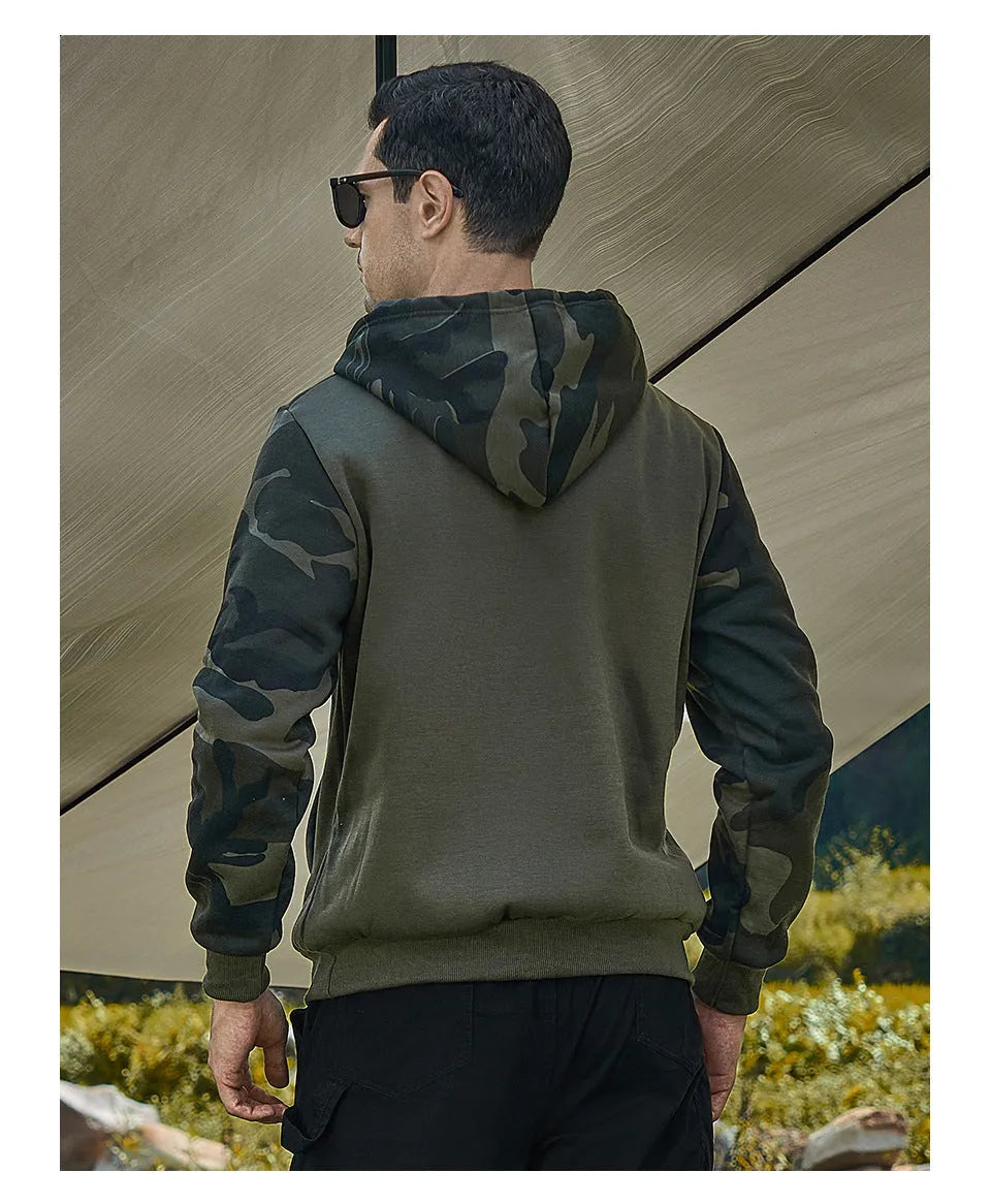 Men's casual camouflage colour block hooded sweater in polyester with black trim, front view