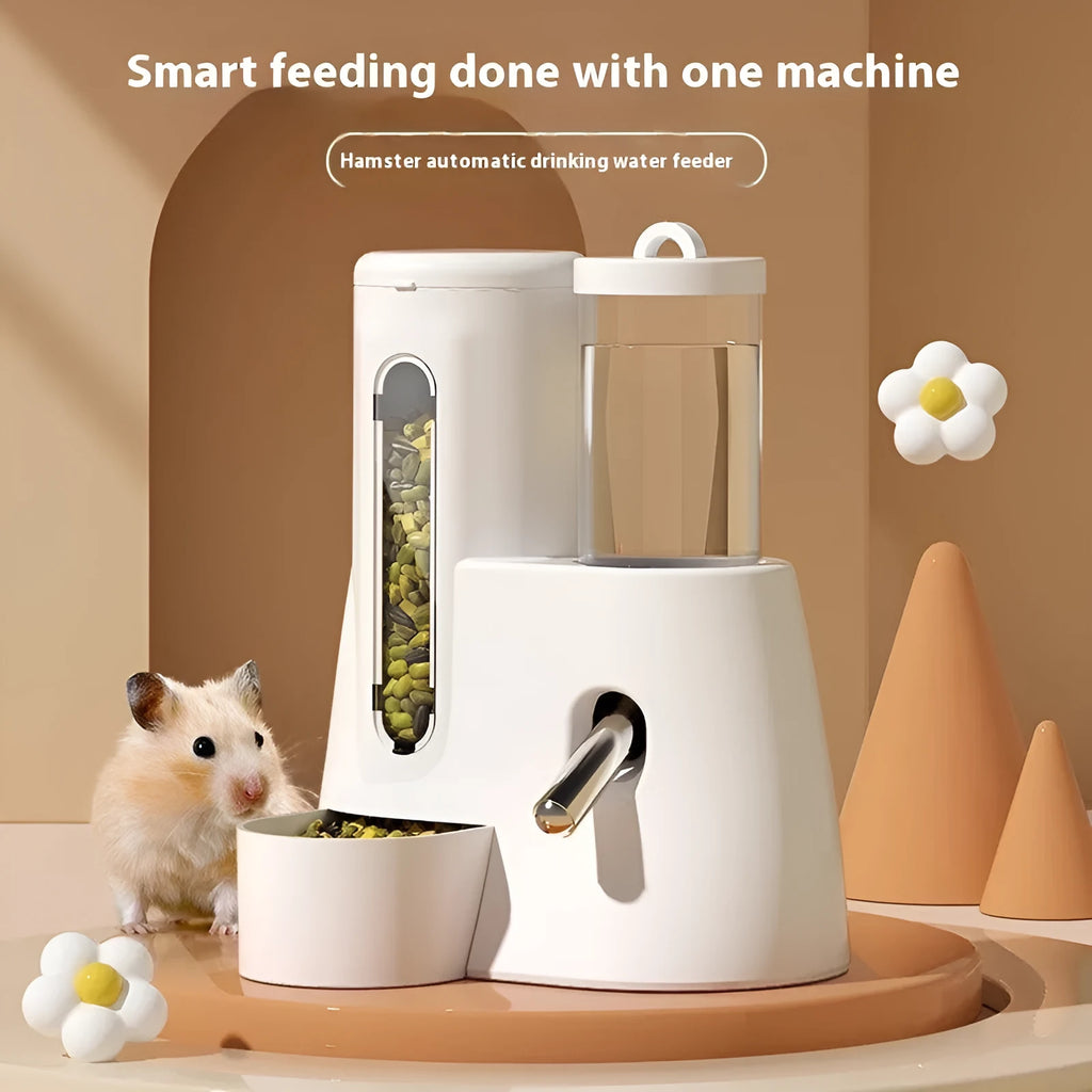 White hamster automatic drinking bottle feeder with integrated blue food bowl for small pet cage.