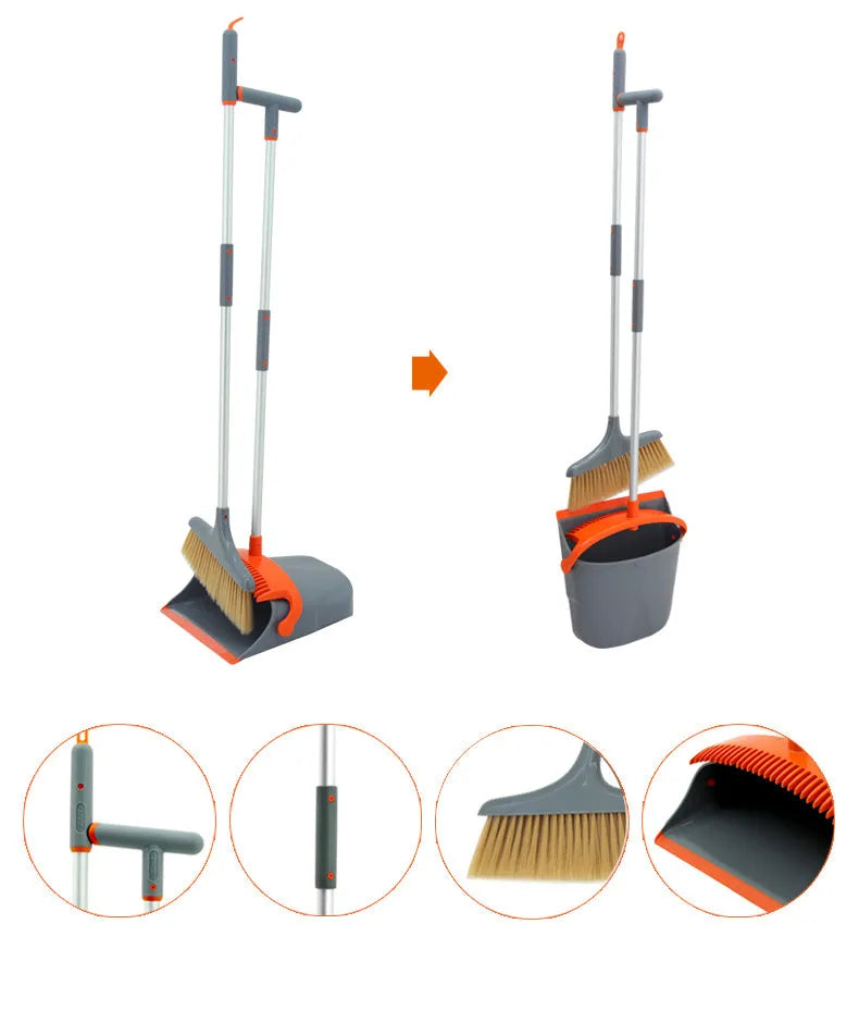 Upgrade colour foldable broom dustpan combination set with bucket and double pole cleaning tools on kitchen floor