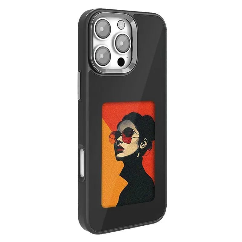Black NFC four-color E-ink screen phone case for iPhone 15 with flower print, TPU composite board drop-proof