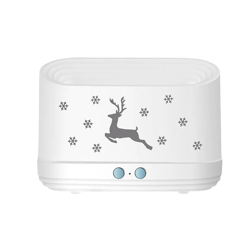 White round Elk flame effect humidifier diffuser with mist and LED light on a surface.