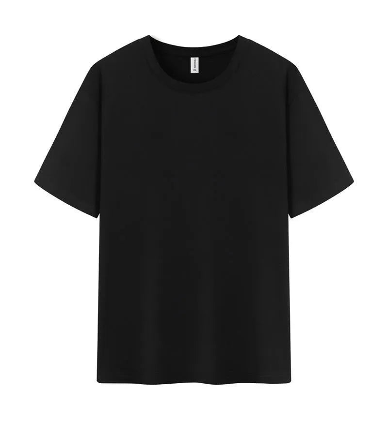 Men's solid colour cotton short sleeve t-shirt laid flat, showing colour options including black, white, and bright orange.
