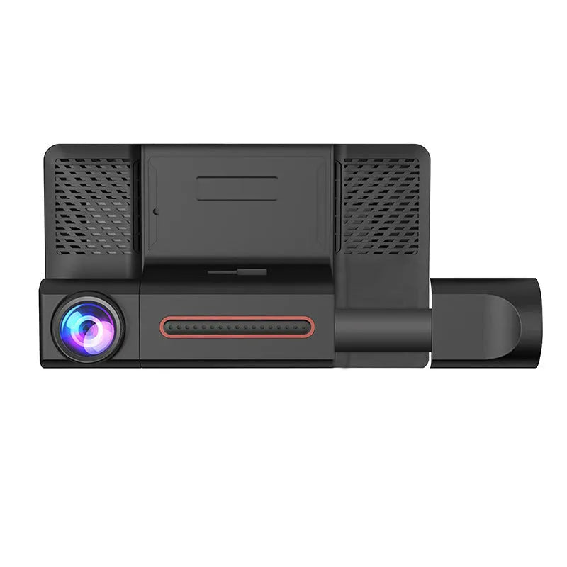 Black three-lens dashcam with 4-inch touch screen for front and rear vehicle recording