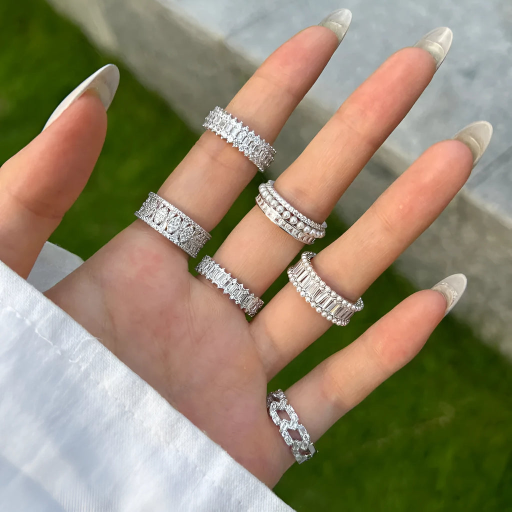 Sterling silver geometric ring with high-grade zircon inlay and freshwater pearl, sizes 5 to 9
