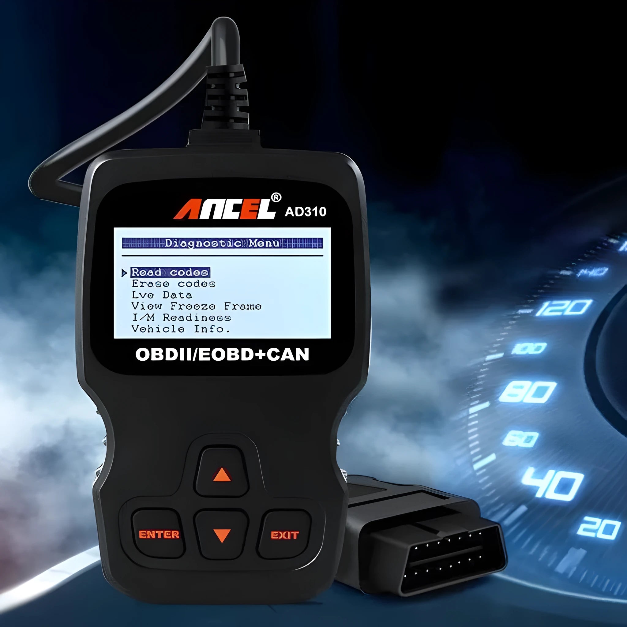 Black universal OBD2 automobile fault detector for engine diagnostics
