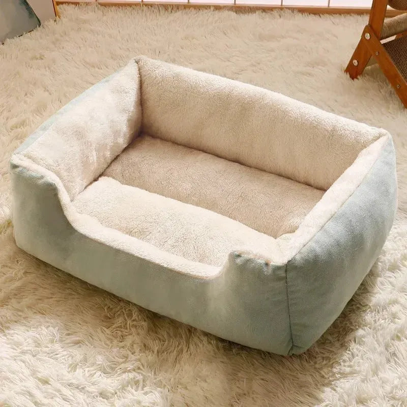 Short plush cat bed in chosen colour showing size options from 45x30cm to 80x60cm