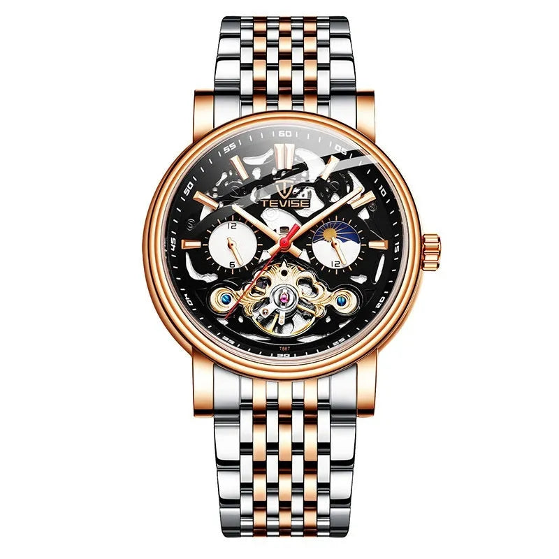 Men's fashion tourbillon mechanical watch with waterproof construction and luminous details