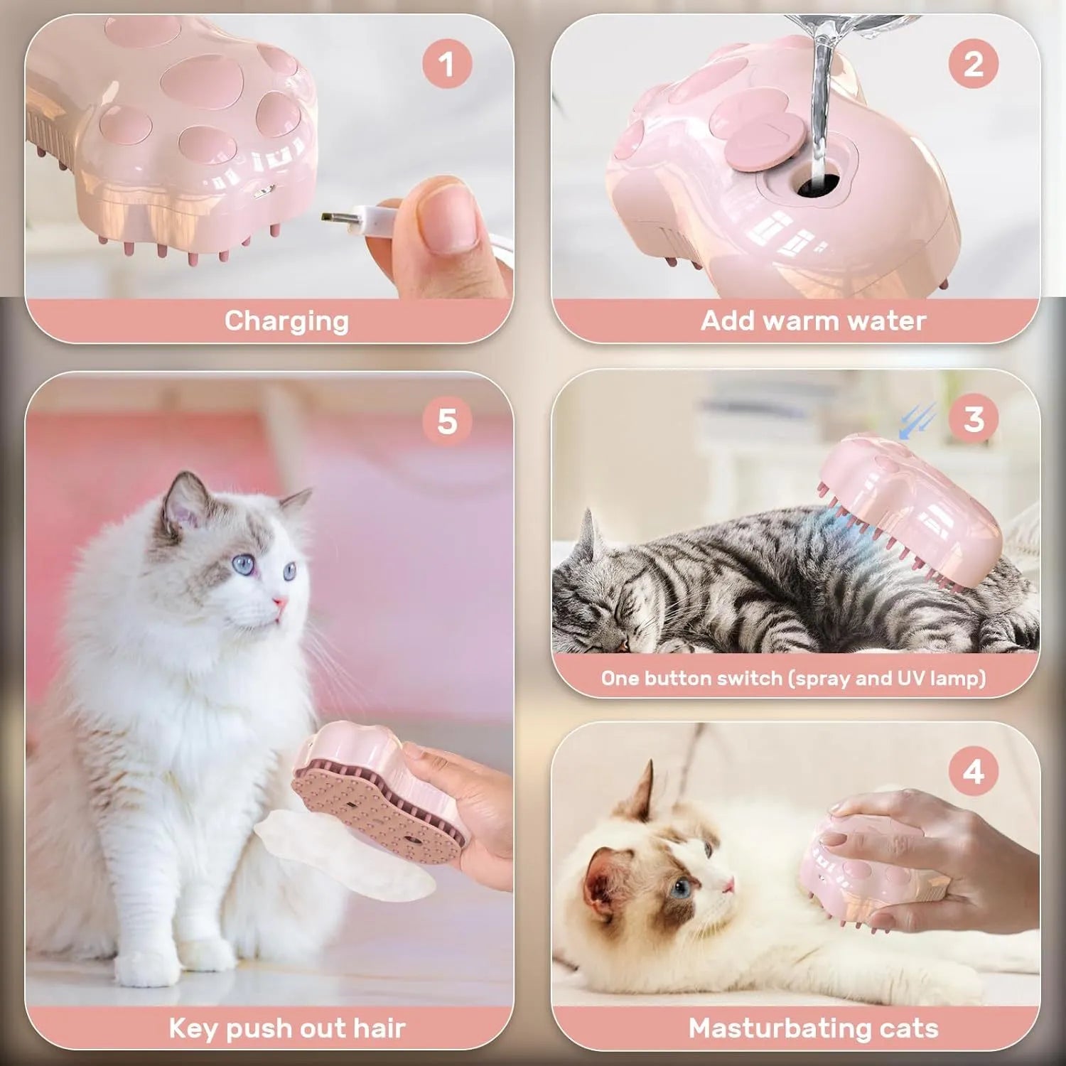 Blue self-cleaning cat steam brush with silicone bristles and spray nozzle
