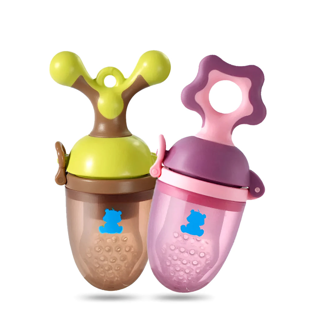 Green or purple baby bite trainer made from food-grade polypropylene with BPA-free silicone