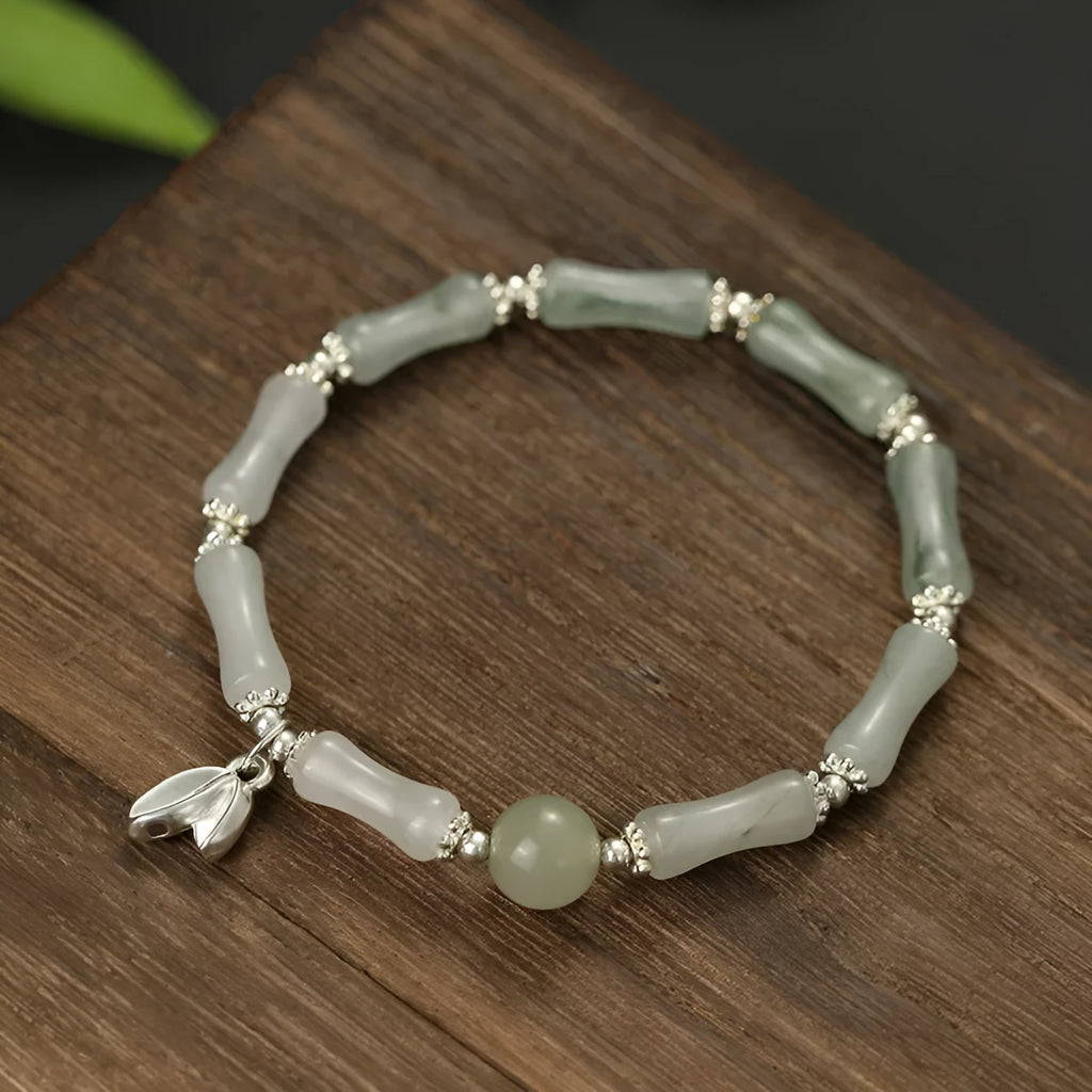 Silver-coloured antique-style bracelet made from natural Tianshan green bamboo with bamboo joint detailing.