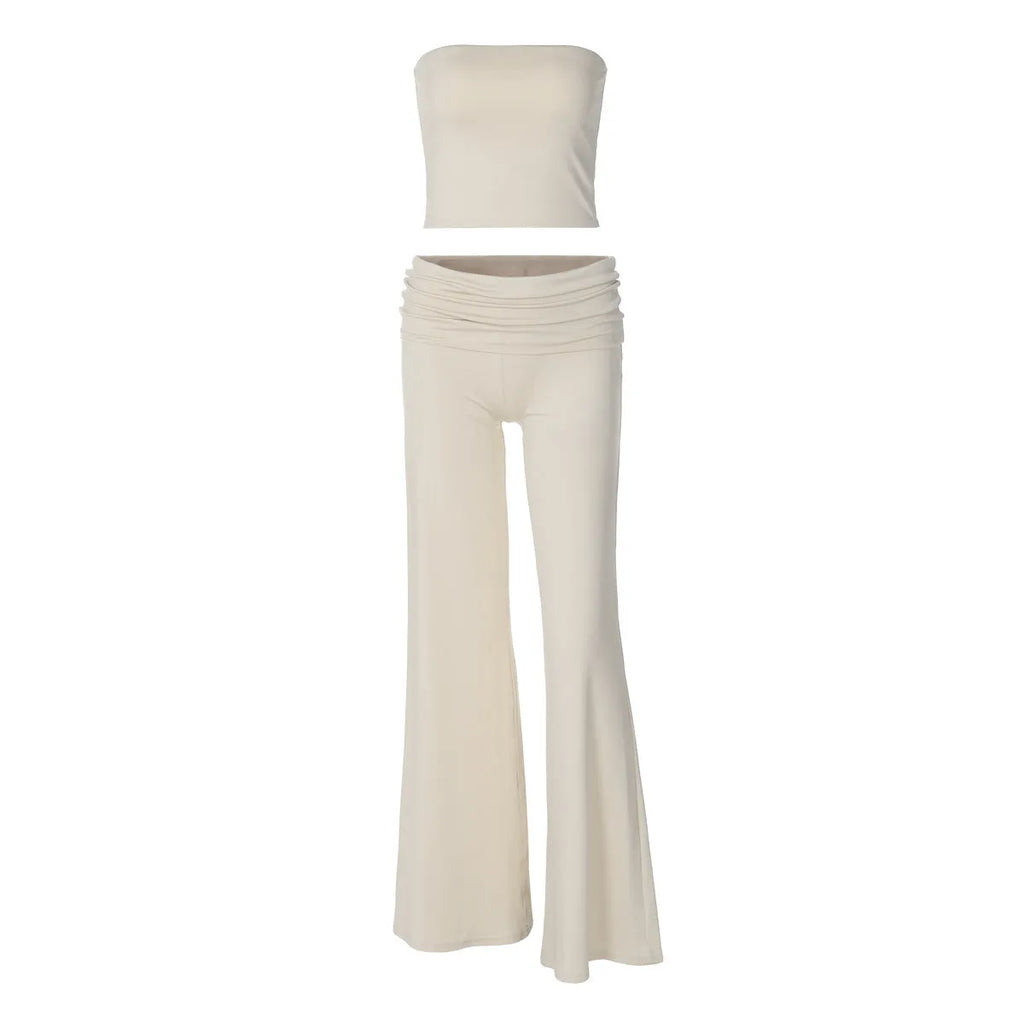 Women's tube top and flared pants suit in milk silk fabric, apricot colour, high elasticity, street fashion style