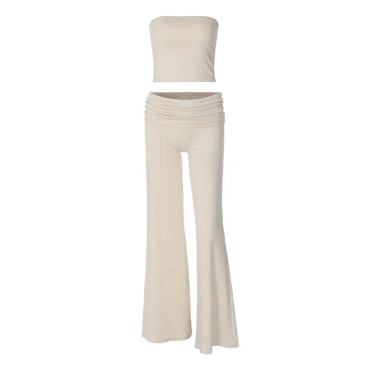 Women's tube top and flared pants suit in milk silk fabric, apricot colour, high elasticity, street fashion style