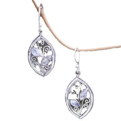 Silver colour leaves-shaped earrings with colourful moonstone embedded in centre
