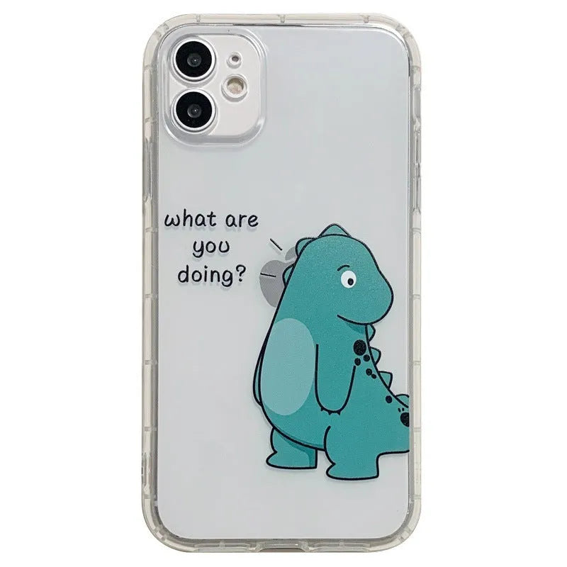 Transparent airbag iPhone case with dinosaur design on clear silicone and TPU back cover