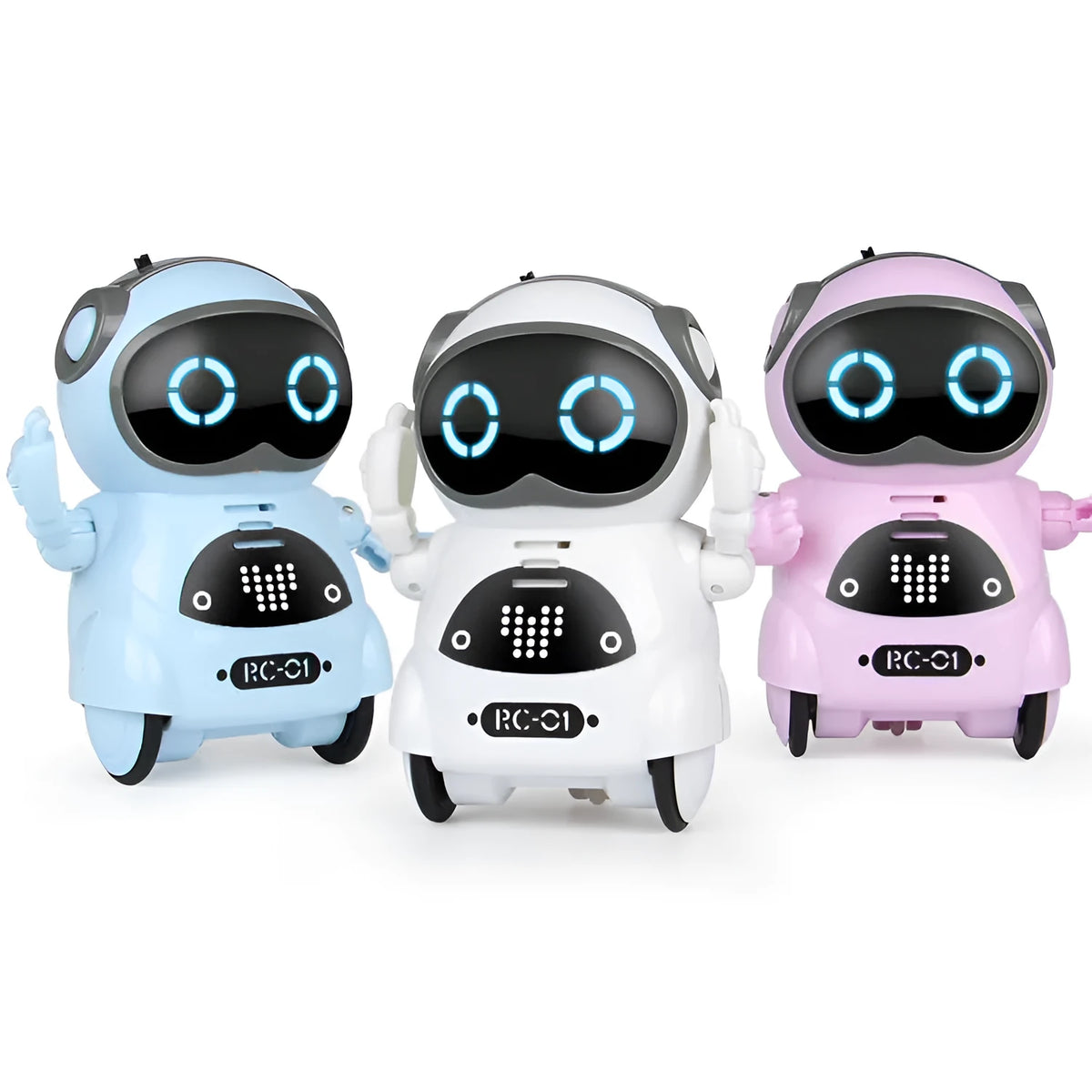 Mini pocket robot toy in blue, pink or white, 6.5 x 5 x 8.5 cm, with voice dialogue, singing, dancing and lighting