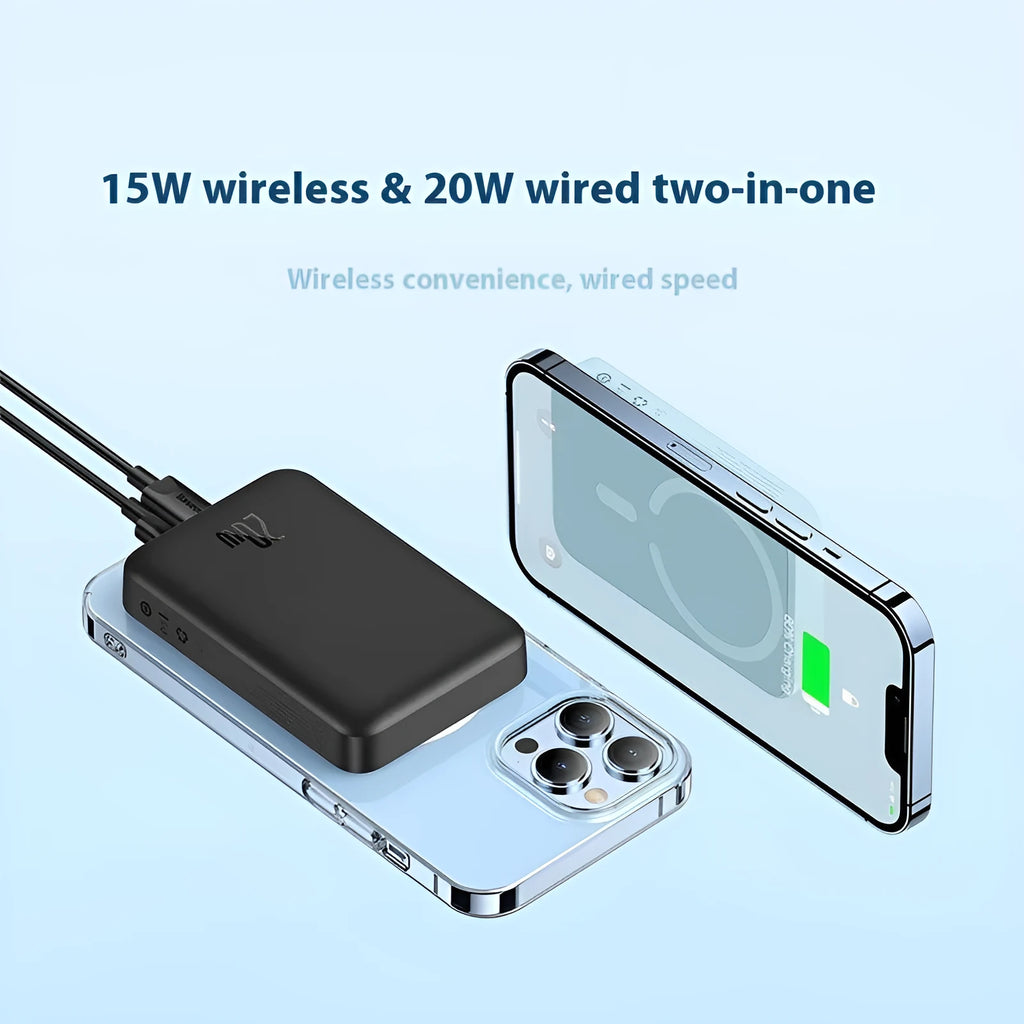 Magnetic wireless fast charging power bank in black, white, blue, pink, or purple with silicone non-slip shell.