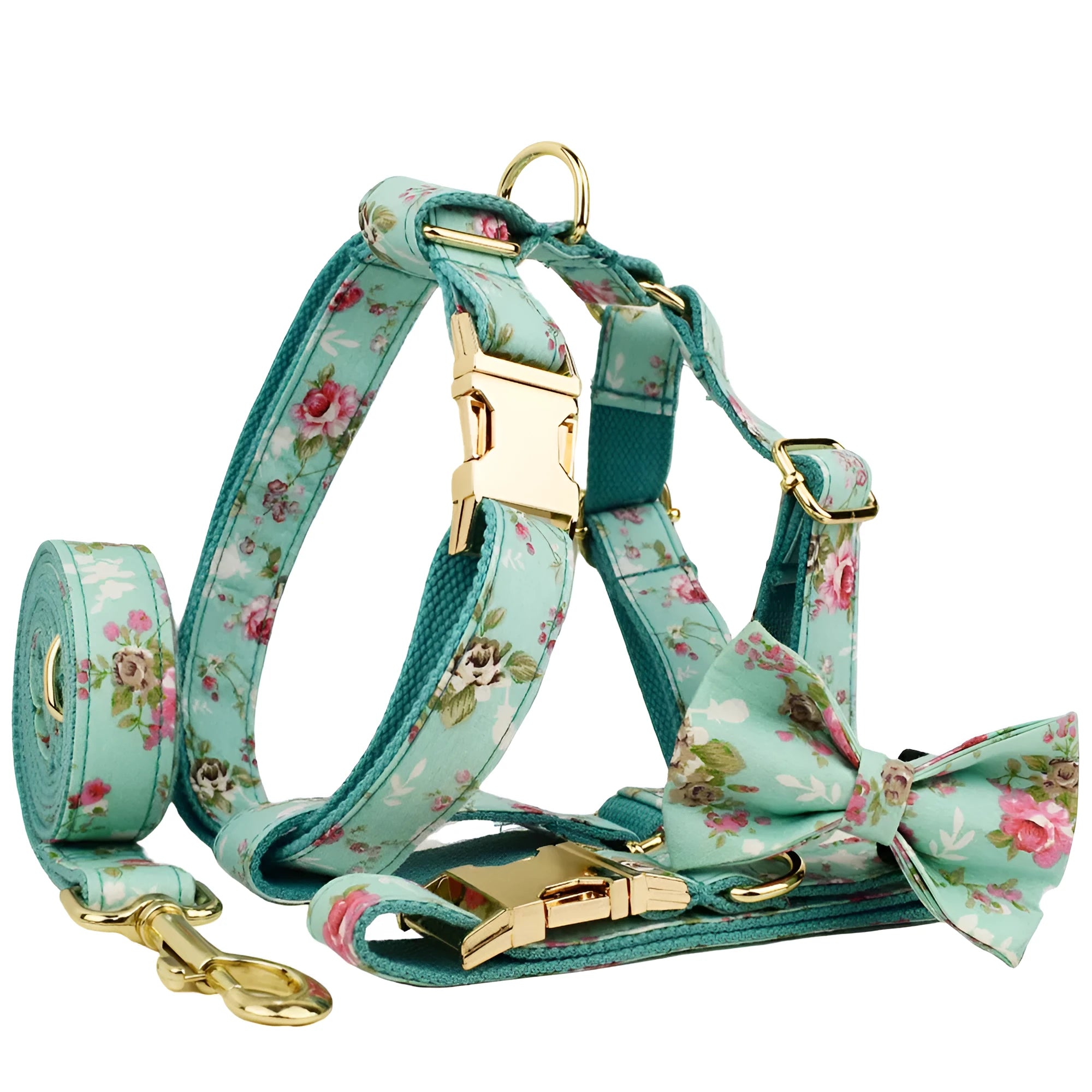 Rose pattern fabric dog collar set with green background including collar, leash, and detachable bow
