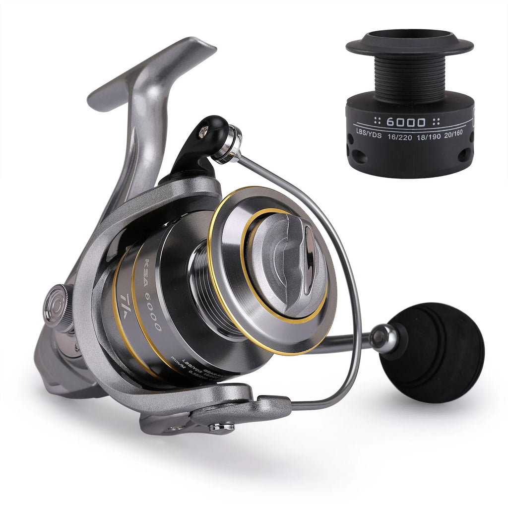 Silver sub fishing line wheel with all-metal rocker arm and metal wire cup on white background
